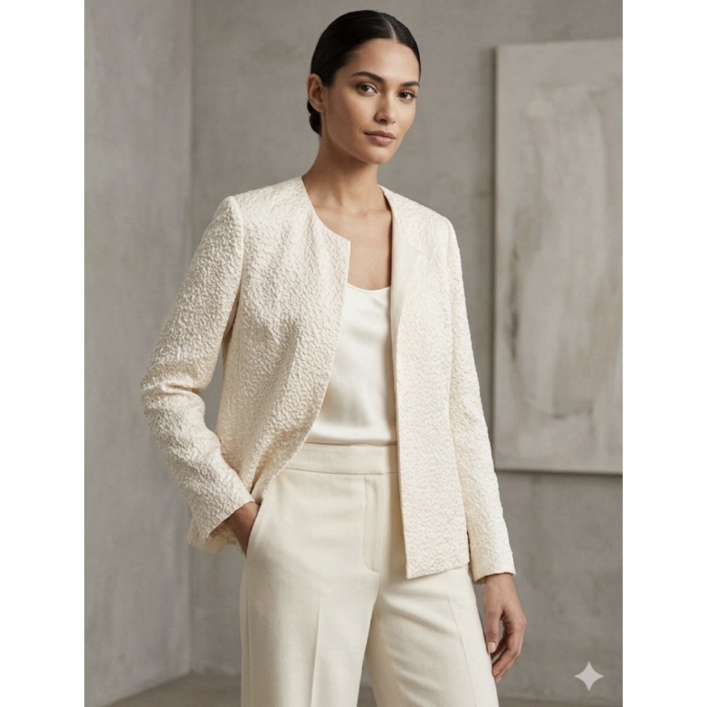 Talbots Ivory Open Front 100% Silk Crinkle Blazer Jacket Size 14 Lightweight